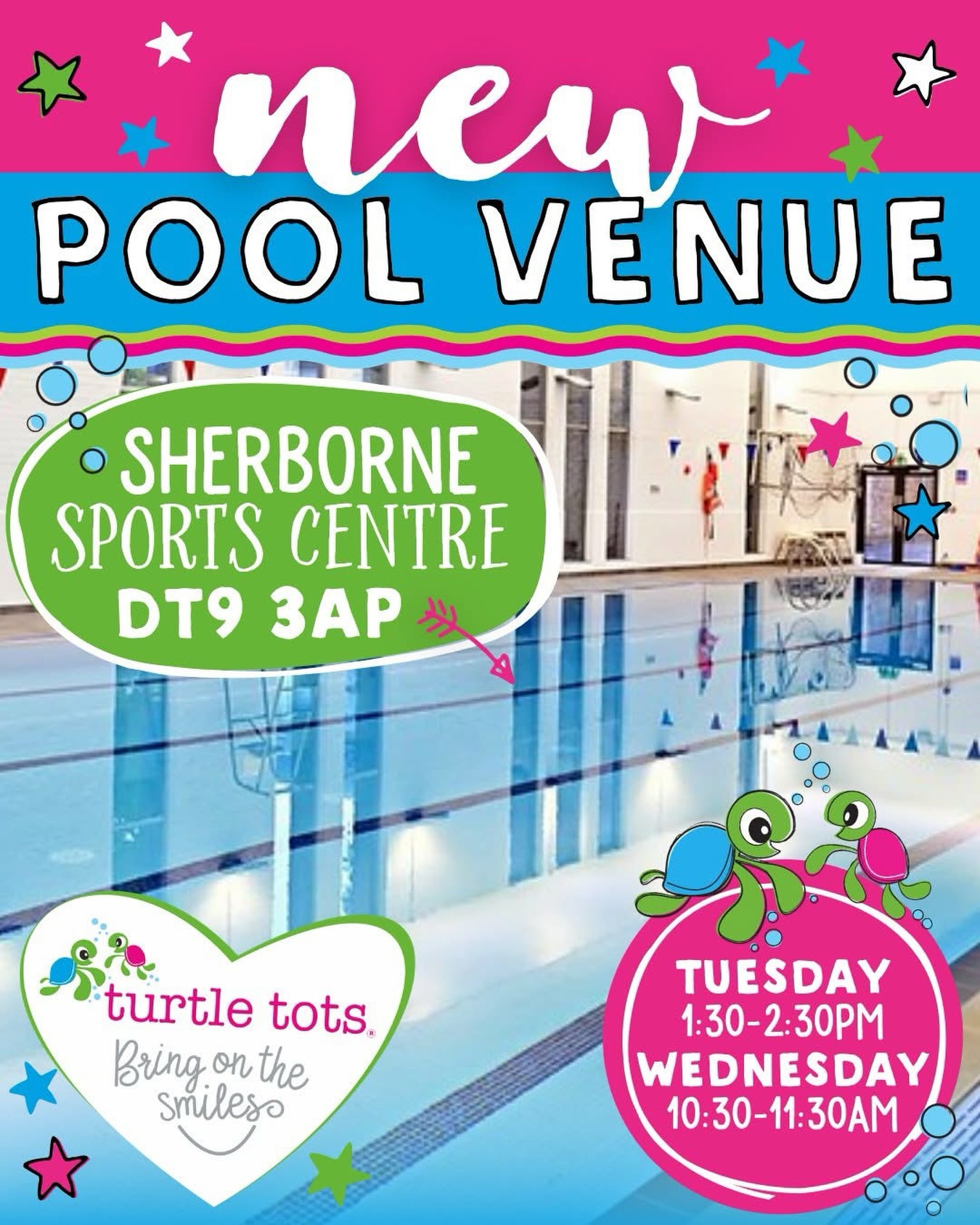✨EXCITING NEWS! 🎉

We are absolutely thrilled to announce that Turtle Tots will be coming to Sherborne Sports centre 

To celebrate, they are offering a FREE trial session on Wednesday 20th May...
⭐ 10:30am - Toddler class (ages 18 months+)
⭐ 11:00am - Baby class (ages 3-12 months)

These are the following weekly sessions:
Tuesdays 1:30pm-2:30pm
Wednesdays 10:30am-11:30am

They can’t wait to welcome lots of new families into the Turtle Tots family for gentle, confidence-building swimming sessions, special bonding time, and lots of splashy fun 🐢💦

If you’d like to join, they’d love to hear from you!

Please register your interest by emailing floating@turtletots.com including your little one’s name and age/date of birth.

Spaces will be limited, so don’t miss your chance to be part of this brand new Turtle Tots adventure 💚