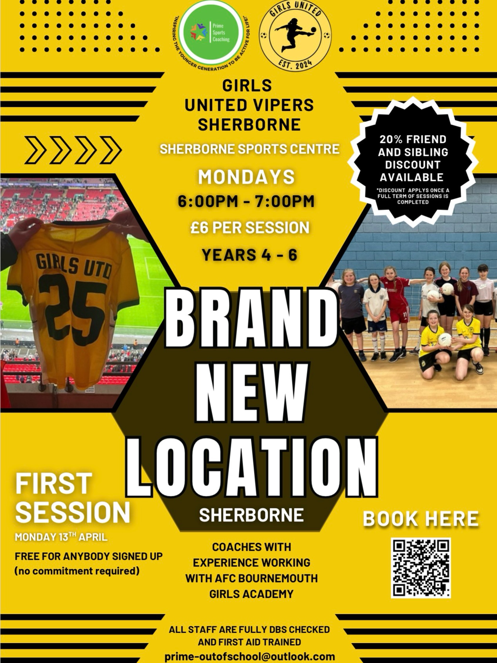 Exciting news🎉
Girls United Vipers are coming to Sherborne Sports Centre! 💛🖤
A fun, supportive environment for girls in Years 4–6 to build confidence, improve skills and enjoy football with experienced coaches. 🙌
Scan the QR code or email them to book now✨
