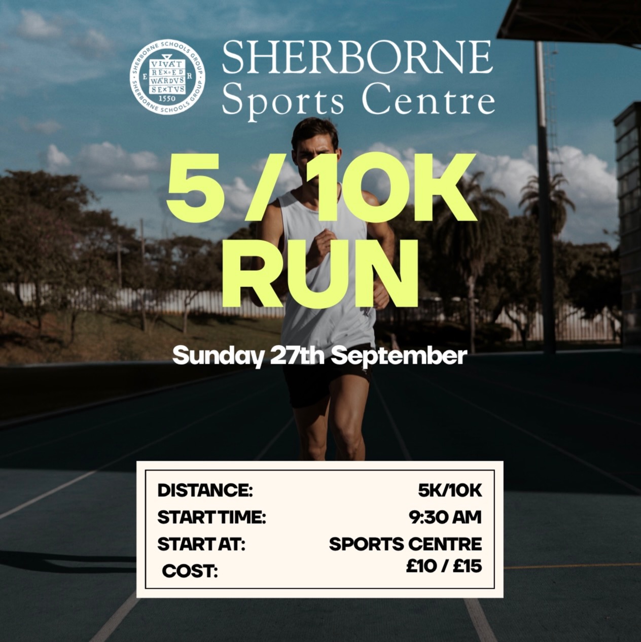 πββοΈ Join us for the Sherborne Sports Centre 5K & 10K Run! πββοΈ
Whether youβre chasing a personal best or running for fun, thereβs a distance for everyone.
π
Sunday, 27th September
π€ Start: 9:30 AM
π Sherborne Sports Centre
π· Early bird Entry: Β£10 (5K) | Β£15 (10K)
Challenge yourself. Enjoy the atmosphere. Cross that finish line! π
Interested? Give us a call! π 01935 810548
Bookings will open soonππ»