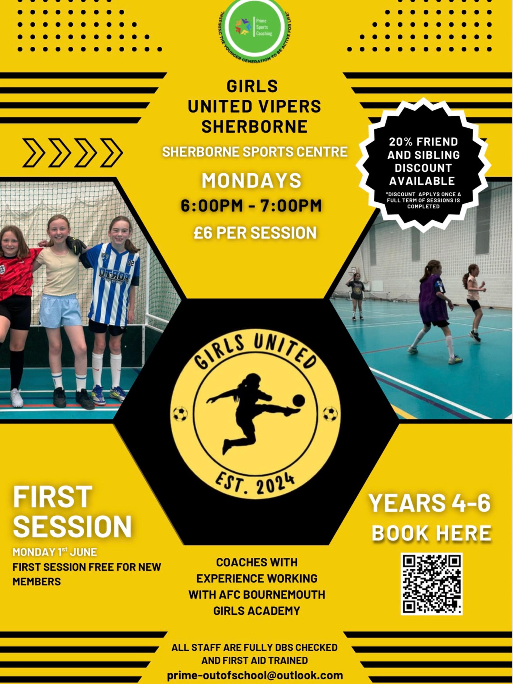 Girls United Vipers have a NEW signup sheet for anyone interested 🖤💛
Get in touch today to be apart of a fun, supportive group of girls, here to help you build confidence, improve skills and enjoy football with experienced coaches. 🙌
Scan the QR code or email them to book now✨